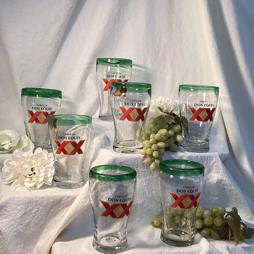 7 Hand Blown Dos Equis Glasses Clear and Green